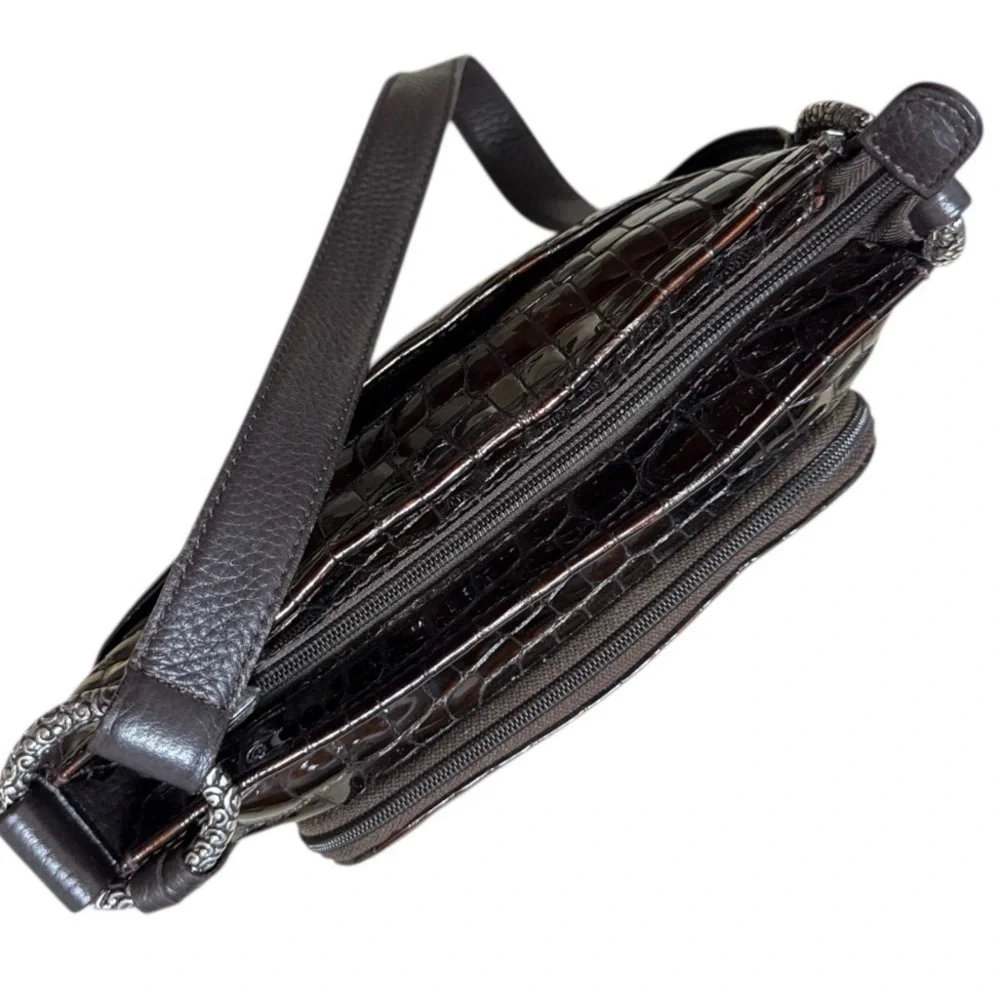 Brighton Croc‑Embossed Patent Leather Shoulder Bag – Metallic Copper Brown